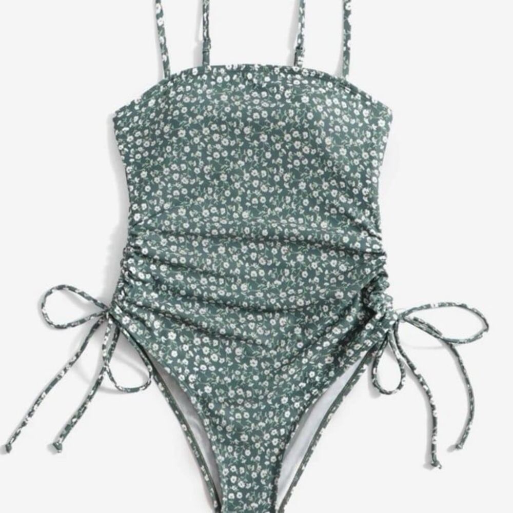 NEW Summer Beach Ditsy Floral Print Drawstring One Piece Swimsuit - Small